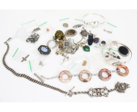 A Silver Albert with T-bar and Swiss white metal and enamel fob (66.8g) and other silver jewellery, etc. 