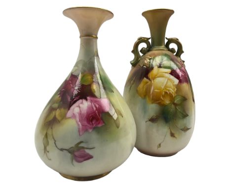 Early 20th century Royal Worcester vase, of lobed form with applied twin handles and flared rim, hand painted with roses, wit