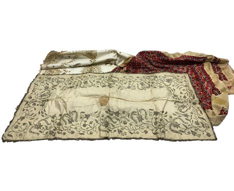 19th century silk embroidered panel or table runner, embroidered in silvered metal thread with scrolling foliage and fringed 