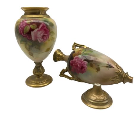 Early 20th century Royal Worcester vase, of twin handled urn form, hand painted with roses, with green printed marks beneath 