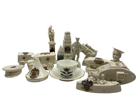 Quantity of WWI crestes ware including two ambulances, British Trench Mortar Gun, Cenotaph, sailor bust, battleship, Royal Na