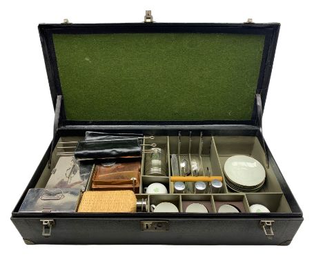 Early 20th century Automobile 'Running Board' camping/ picnic set, the twin handled black leather cloth case with plated moun