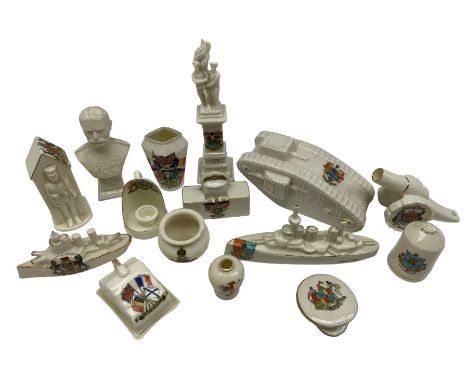 Quantity of WWI crested ware including H.M.S. Lion, field gun, tank, sentry box, 'Keep the Home Fires Burning' grate, parian 