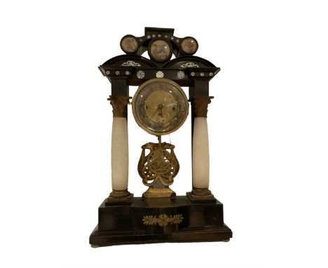 Austrian - mid-19th century 30hr Viennese mantle clock, in an ebonised case with shaped pediment, alabaster columns and cast 