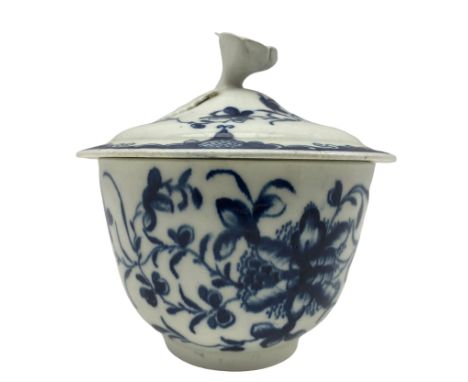 18th century Worcester blue and white bowl decorated with trailing leaves and flowers with open crescent mark D10cm and assoc