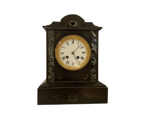 French - 8-day 19th century mantle clock in a slate and variegated marble case, with a striking movement, striking the hours 