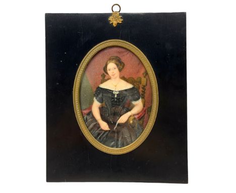 Late 19th/early 20th century, half-length watercolour on ivory of a woman in Victorian dress in ebonised frame 13cm x 9.5cm T