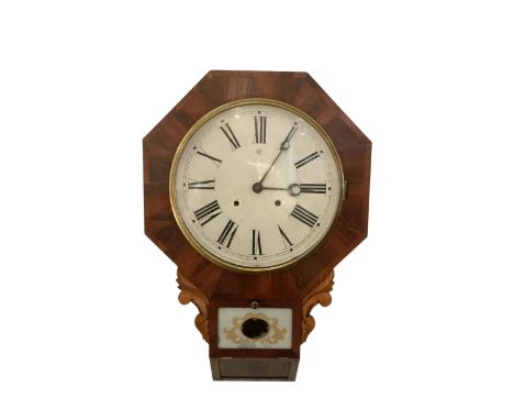 Waterbury  - 19th-century American 8-day mahogany wall clock, with a circular 12� dial and hexagonal dial surround, Roman num