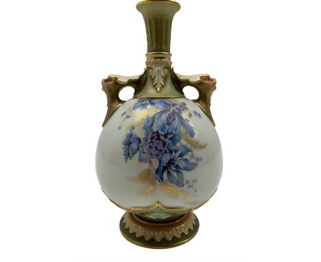 Royal Worcester blush ivory vase, of pear form with twin satyr mask handles and fluted neck hand painted with blue flowers an