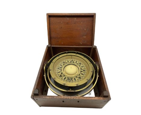 John Lilley &amp; Gillie Limited, North Shields, brass cased ships gimbal compass, in oak case, W34cm 