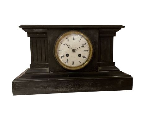 French - Belgium slate 19th century 8-day striking mantle clock, case with a flat top on a broad plinth and volute columns to