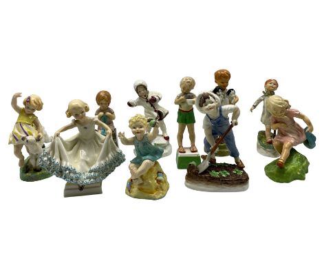 Quantity of five Royal Worcester figures modelled by F Doughty depicting 'Days of the Week' and the seasons together with fou