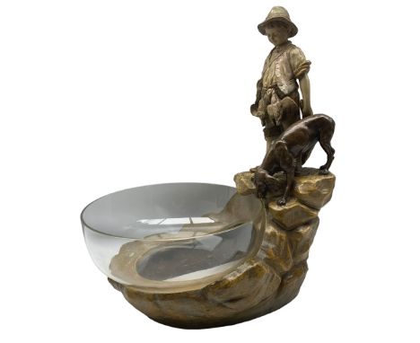 Otto Petri (German 1860-1942): For Goldscheider painted terracotta centrepiece with large glass bowl, modelled as boy with do