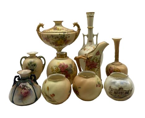 Quantity of Royal Worcester blush ivory including bottle twin handled vase, twin handled tazza decorated with floral sprays, 