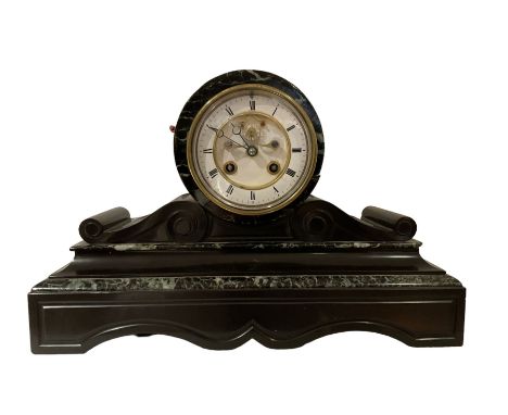 French - late-19th century 8-day drum clock, in a Belgium slate and variegated marble case with a two-piece enamel dial and v