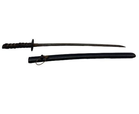 Japanese Wakizashi with 56cm, tang signed, pierced iron tsuba, bound ray skin hilt and lacquered scabbard