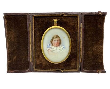 Early 20th century miniature portrait, half-length watercolour on ivory of a young girl wearing ruffled collar blue dress in 