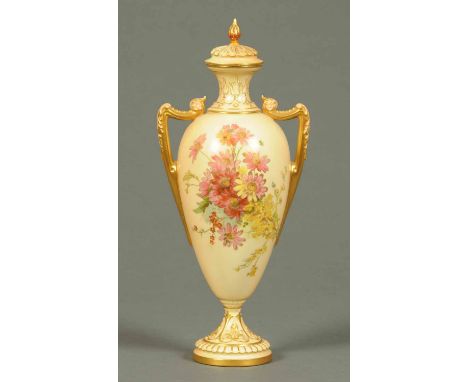 A Royal Worcester two handled lidded vase, painted with floral sprays, green printed mark, Registered No. 379641.  Height 13 