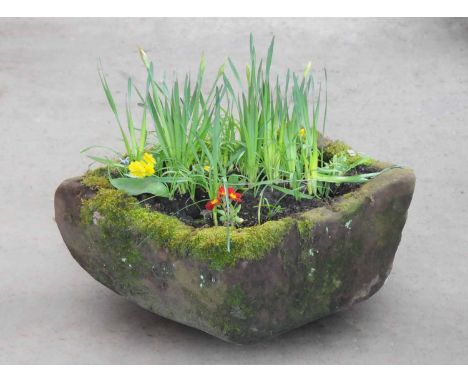A Victorian sandstone trough, shaped outline.  Length 23 ins, height 10 ins.