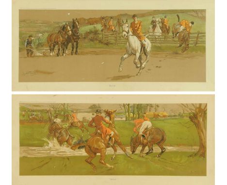 After Lionel Edwards, pair of hunting prints, "Water" and "Rails", Copyright Lawrence & Jellicoe.  Each 10.5 ins x 27.5 ins.