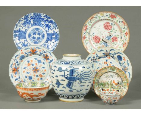 A 19th century blue and white ginger jar, six plates and two bowls.  