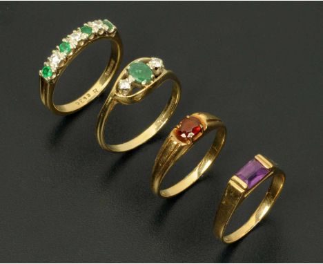 Four 9 ct gold rings, emerald cut amethyst, size K, ruby coloured stone, size M, diamond and emerald seven stone, size L/.M, 