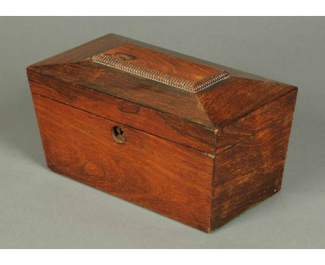 A Regency rosewood tea caddy, of sarcophagus form, with three interior compartments.  Width 11 ins. 