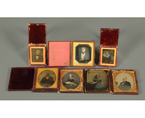Seven 19th century photographs, six in leather cases, each of small portrait size.  Case dimensions - from 2.25 ins x 2.75 in
