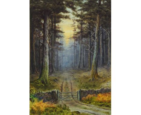 Edward Horace Thompson (1879-1949), watercolour, forest path with five bar gate.  13 ins x 9 ins, framed, signed (see illustr