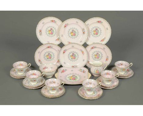 A Shelley tea service, Crochet pattern, six cups, saucers, plates, sugar basin, milk jug and sandwich plate.  CONDITION REPOR