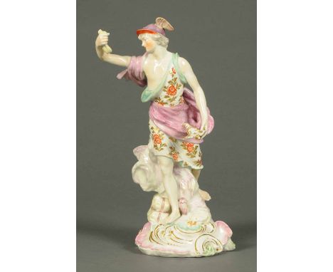 A 19th century Derby style figure, with three patch marks to base, polychrome.  Height 13 ins.  CONDITION REPORT: This figure