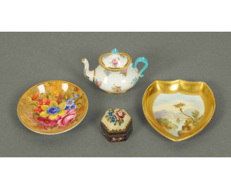 A Collection of miniature cabinet pieces, a Coalport handpainted pin tray, width 3 ins, a Royal Worcester circular pin dish s