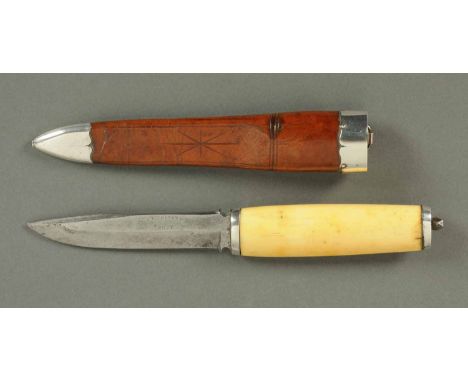 A Norwegian silver mounted marine ivory handled skinning knife, the blade marked "Blikstad Trondheim", with leather scabbard 