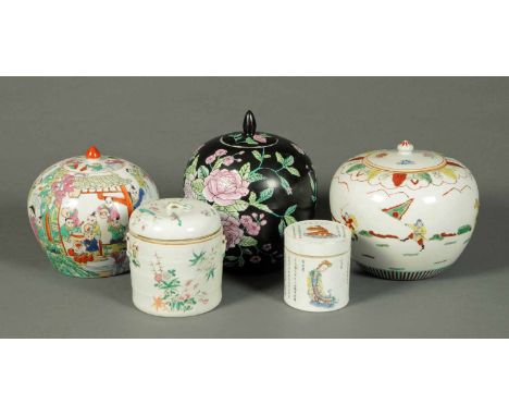 A Chinese lidded vessel, with character marks, and figures and with four other lidded vessels.   CONDITION REPORT: The large 