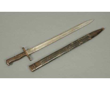 A 19th century Swiss saw back bayonet, stamped "SJG Neuhausen", Serial No. 216368, with scabbard.  Overall length 24 ins. 