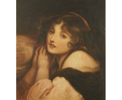 Oil painting on canvas, portrait of a young girl, after George Romney.  16 ins x 14.5 ins, framed. 
