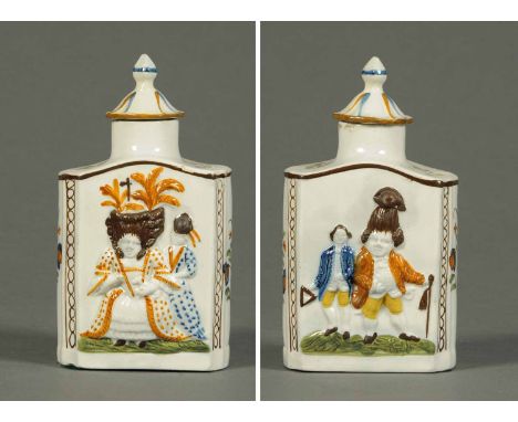 George III Prattware tea caddy, decorated in relief with "Macaroni" figures, circa 1790 and bearing label beneath "Prestonpan