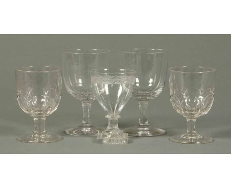 A Georgian rummer, with lemon squeezer base, a pair of lead glass rummers and a further pair of 19th century rummers (see ill