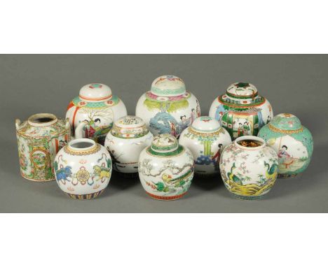 A collection of nine Oriental ginger jars, and a Cantonese teapot. CONDITION REPORT: One ginger jar has a badly damaged and b