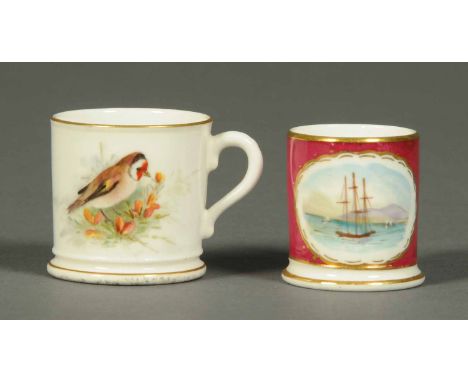 A Royal Worcester handpainted mug, decorated with a finch, height 1.75 ins, and a miniature mug handpainted with a ship. COND