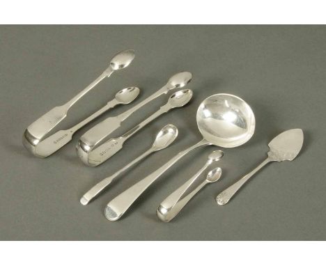 A George III silver sauce ladle, Old English pattern, London 1805, a pair of silver sugar tongs, two pairs of plated tongs, s
