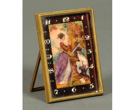 An early 20th century Swiss timepiece, eight day movement, the rectangular dial with enamel of young lady by tree with dog si