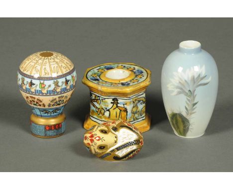 A Royal Crown Derby paperweight, a Royal Worcester "Egypt" limited edition vase, a Royal Copenhagen cactus vase and an inkwel