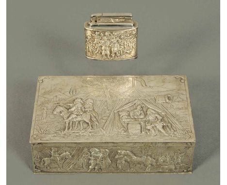 A Continental silver coloured table box, stamped "800", decorated in relief with a military encampment, and a table lighter r