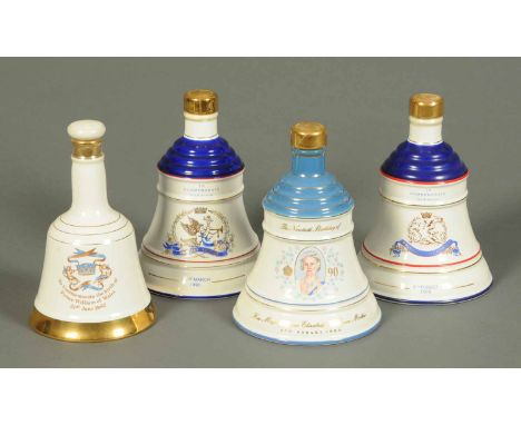 A collection of four Wade porcelain commemorative Bells Scotch Whisky decanters, unopened, Queen Mother 90th Birthday August 