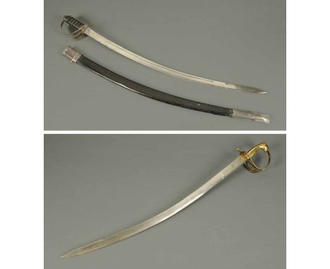 A Victorian Officers sabre, with etched blade, leather grip and scabbard and an Indian dress sword with etched blade and bras