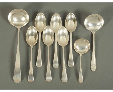 A set of six silver teaspoons, Sheffield 1947, an Edinburgh silver sauce ladle 1802 maker IG and two smaller silver sauce lad