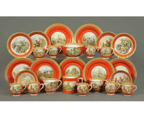 A Prattware tea service, comprising seven 8.25 inch plates, decorated with various scenes, nine cups, two large cups, tankard