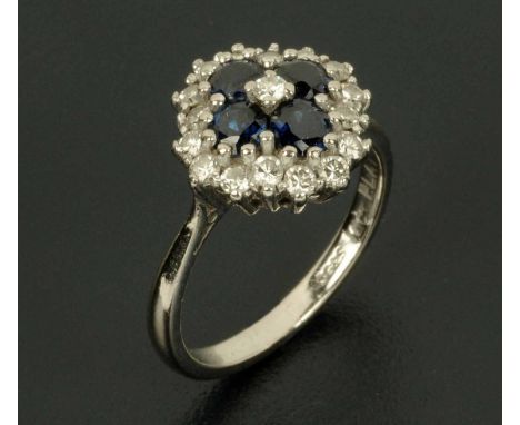 An 18 ct white gold and platinum diamond and sapphire cluster ring, size K (see illustration).
 