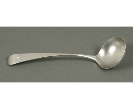 A silver sauce ladle, Peter, Ann & William Bateman London 1804, 51 grams.  Length 7.25 ins (see illustration).
 